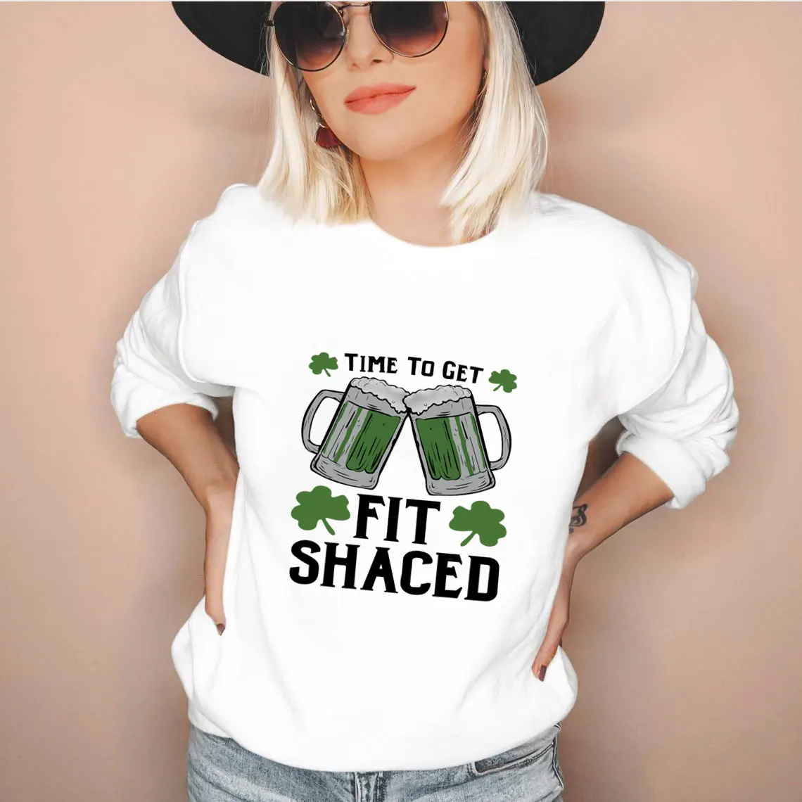 

Time To Get Fit Shaced St Patrick's Day 100%Cotton Women's Sweatshirt Funny Spring Casual Long Sleeve Top Irish Lucky Sweatshirt