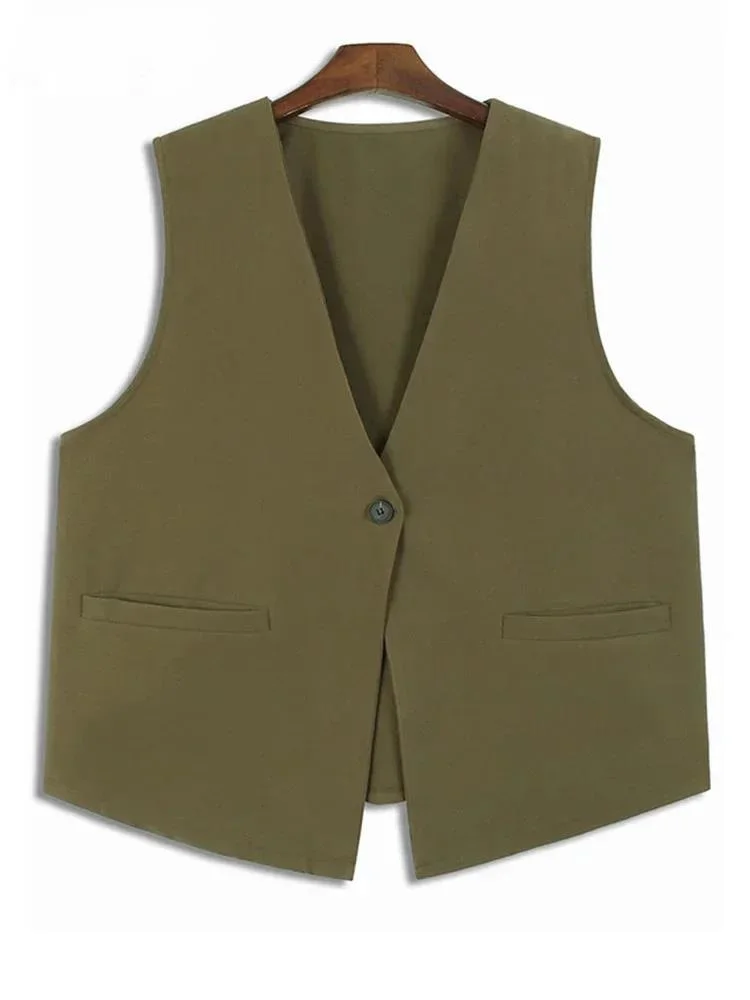 

Women Khaki Single Button Elegant Big Size Irregular Vest New V-collar Sleeveless Fashion Tide Spring Autumn