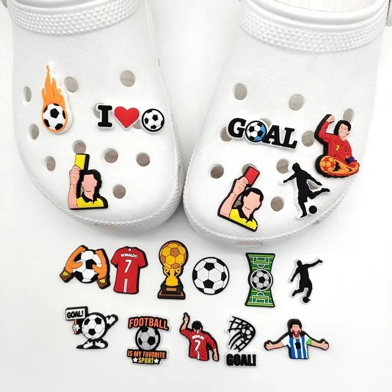 18PCS Set Boys Men Football Style Buckle Soccer Sports Theme Hole Shoes Charms Packs Decoration Slipper Sandals Shoe Accessories