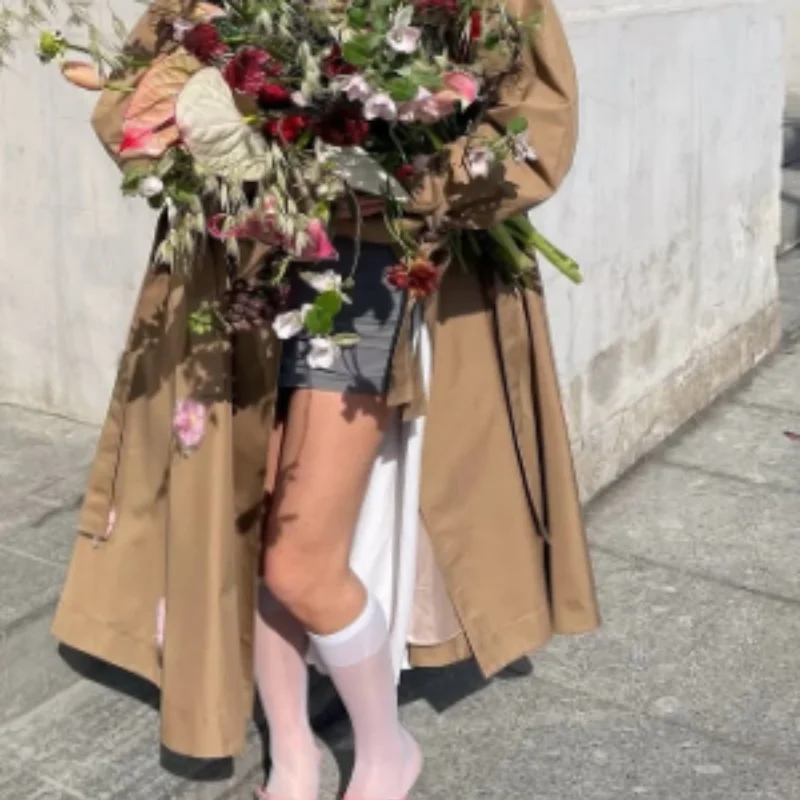 

Autumn Winter Knitted Flower Long Trench Coat Lapel Windproof Jacket Loose Lace Up Casual Coat2025 New Fashion Overcoats