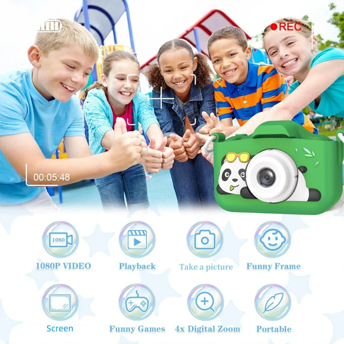 Kids Mini Camera Cartoon Panda Toys for Girls Boys Birthday Gifts 1080P HD 2inch Screen With 32G SD Card Record Life Camera