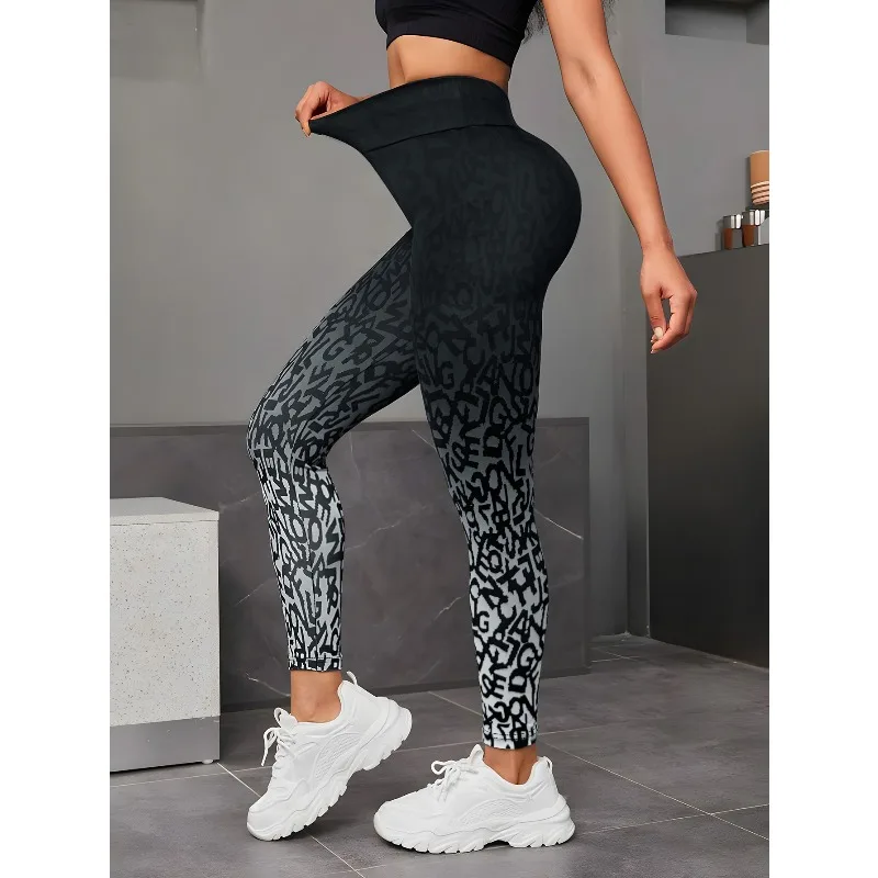 Leggings femininas de cintura alta com estampa gradiente, sem costura, sexy, levantamento de quadril, academia, treino, corrida, slim, alta elasticidade, yoga