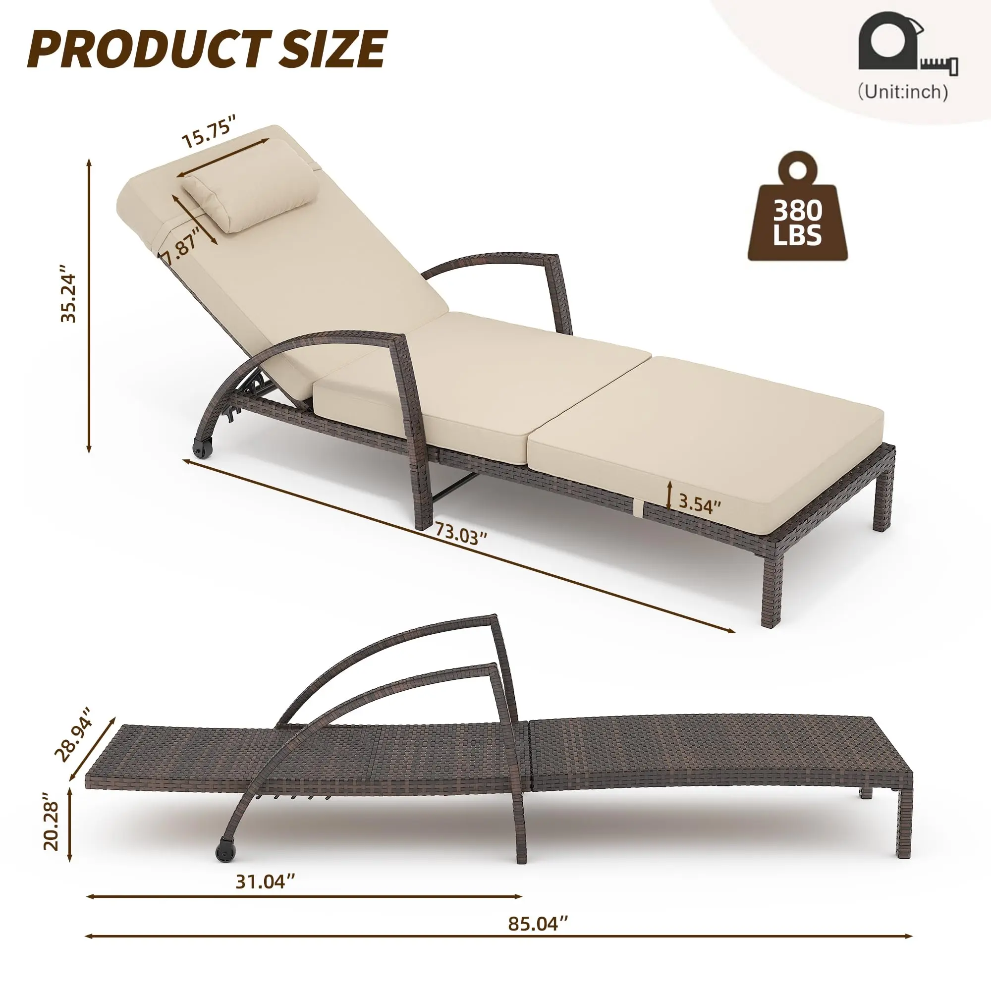 2 Pieces Outdoor Chaise Lounge Set, Rattan Patio Folding Chaise Lounge with Cushion Pillow, Adjustable 5 Position Back, Armrest and Wheels, Patio Lounge Chair for Poolside Backyard Deck Porch