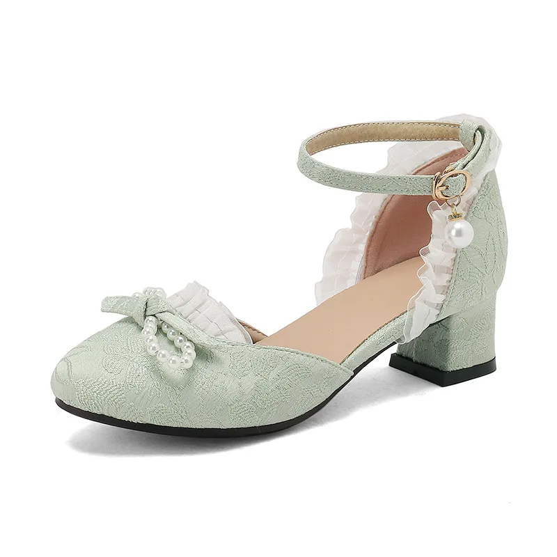 Women Lolita Mid Heel Chinese Jacquard Ruffle Beaded Closed Toe Summer Sandals