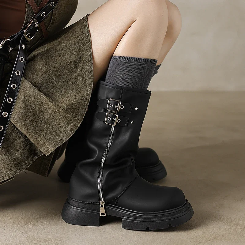 2024 Spring and Autumn Fashion Solid Color Round Toe Buckle Medium Heel Sleeve Zipper Thick Sole Women's Mid-calf Boots