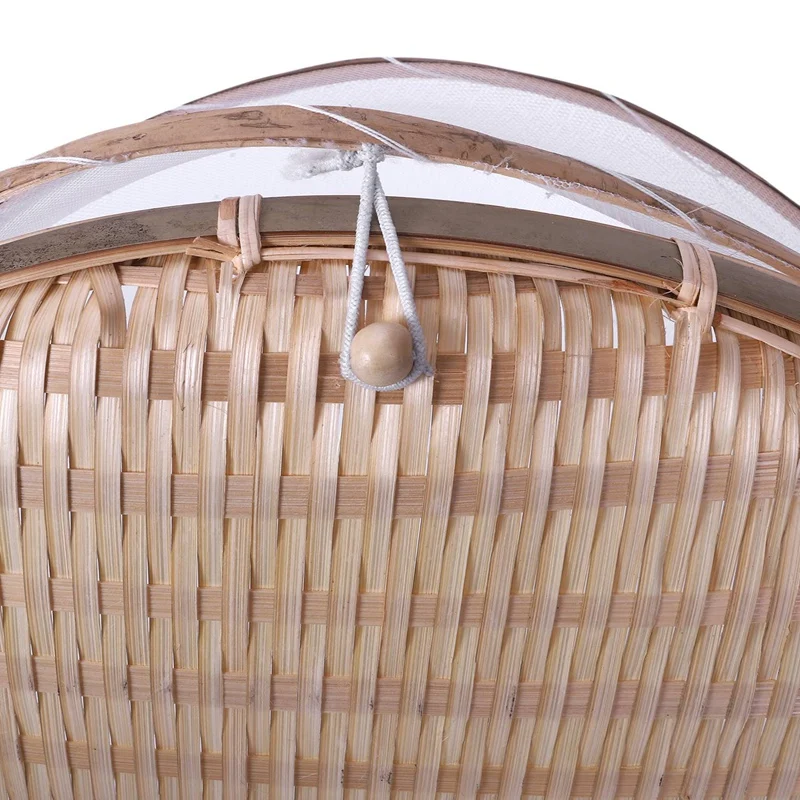 2X Bamboo Woven Bug Proof Wicker Basket Dustproof Picnic Fruit Tray Food Bread Dishes Cover With Gauze Panier Osier