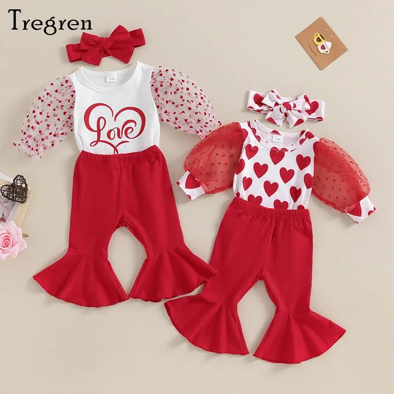 

Tregren 0-18M Newborn Infant Baby Girl Valentine’s Day Outfits Puff Sleeve Romper Flare Pants Headband 3pcs Sets Spring Clothes