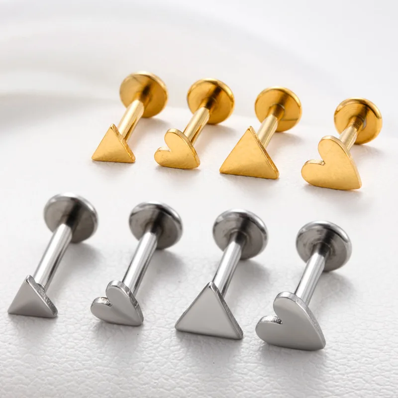1PC 16G Stainless Steel Cartilage Earrings Lip Studs Heart Triangle internally Thread Flat Back Earring Labret Piercing Jewelry