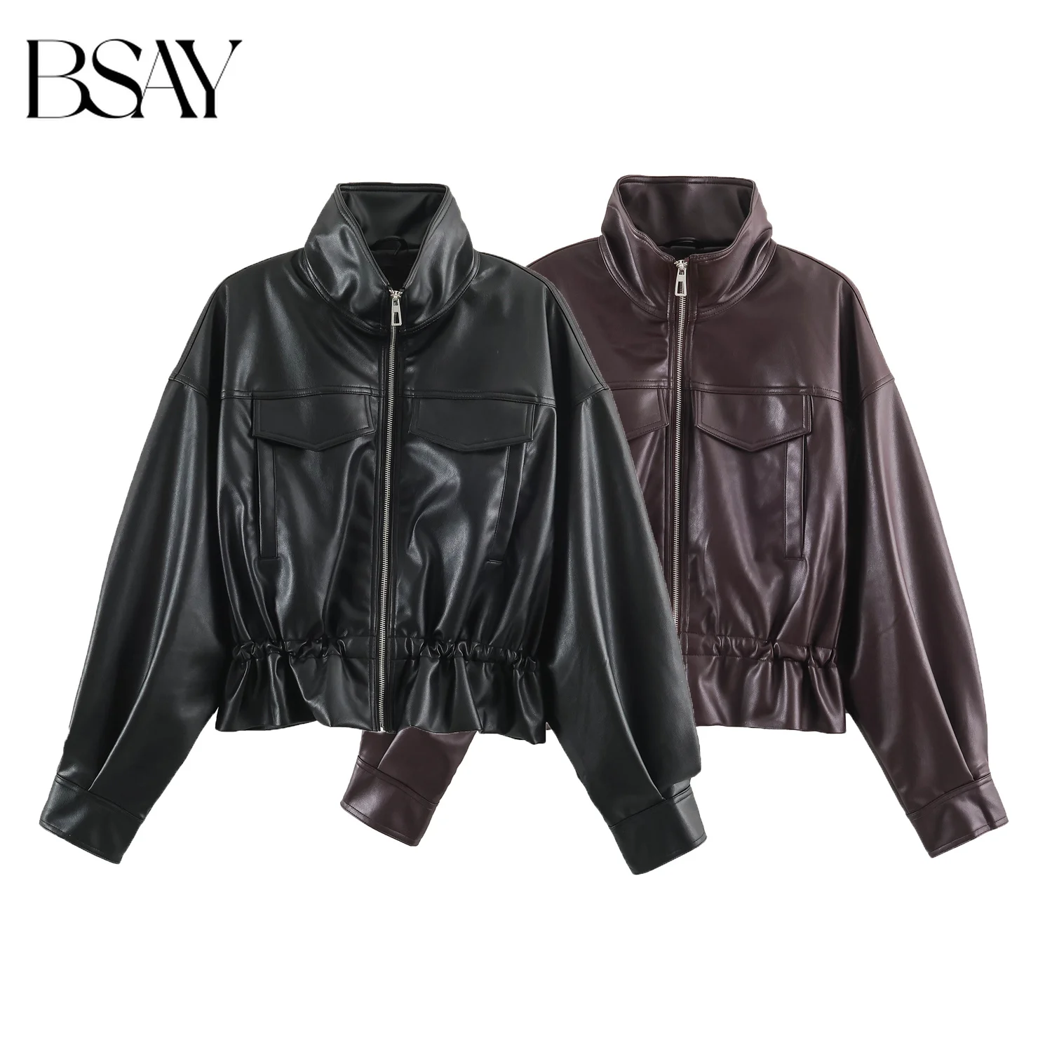 BSAY Streetwear Women Faux Leather Look Jacket Stand Collar Adjustable Gathered Waist Multi Pocket Oversized Cropped Outer Coat