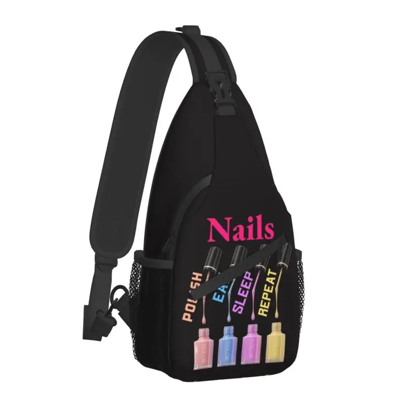 Nails Polish Eat Sleep Repeat Sling Bag for Travel Hiking Tech Funny Quotes Chest Crossbody Backpack Shoulder Daypack