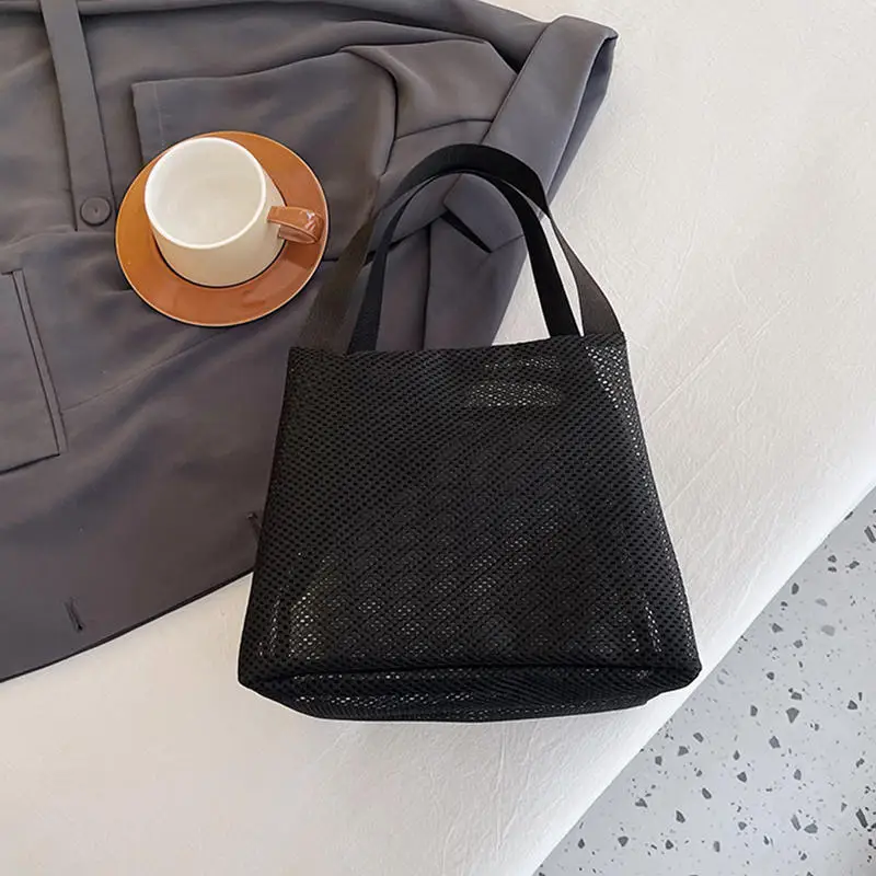 ハンドル付きポータブルメッシュバッグ,大容量,折りたたみ式,通気性,ジッパー式,ビーチ,メイクアップ,旅行