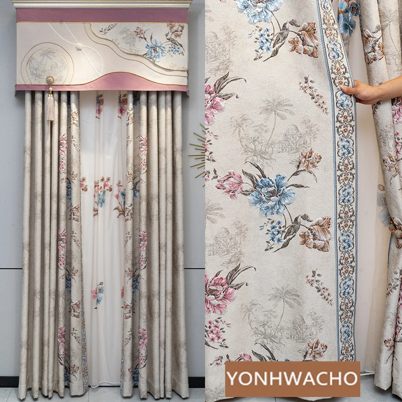 Custom American living room bedroom high precision jacquard beige cloth blackout curtain tulle valance drape C1613