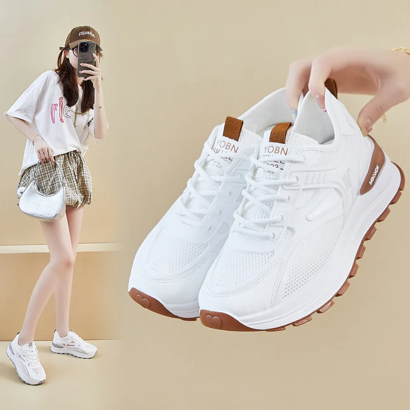

Новая женская обувь, лето 2024, студенческие спортивные кроссовки на толстой подошве, увеличивающие рост, повседневные дышащие сетчатые кроссовки для треккинга, прогулочные кроссовки