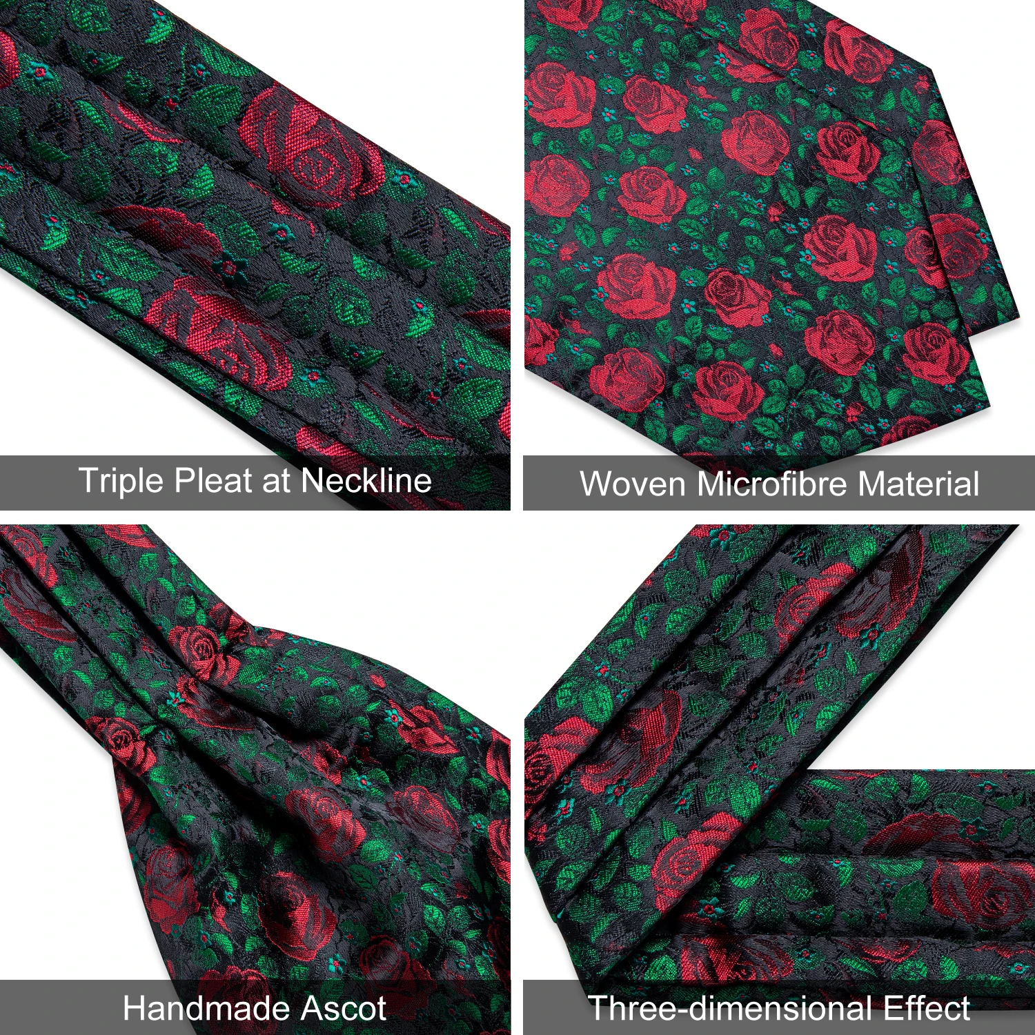 Green Silk Men\'s Ascot Red Rose Pattern Luxury Pocket Square Cufflinks Fashion Business Wedding British Cravat Party Tie for Man