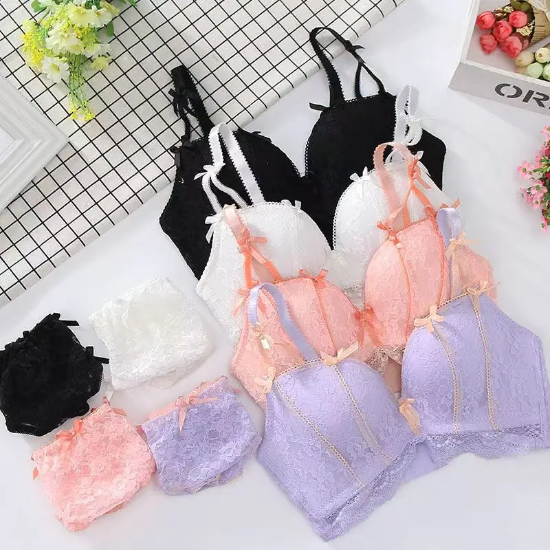 

Новое милое бесшовное кружевное нижнее белье пуш-ап для женщин, небольшой комплект с регулируемым бюстгальтером без стального кольца
