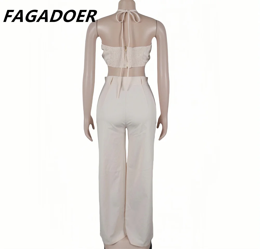 FAGADOER-Haut court et pantalon à jambes larges et dos nu pour femme, ensemble deux pièces sexy, streetwear