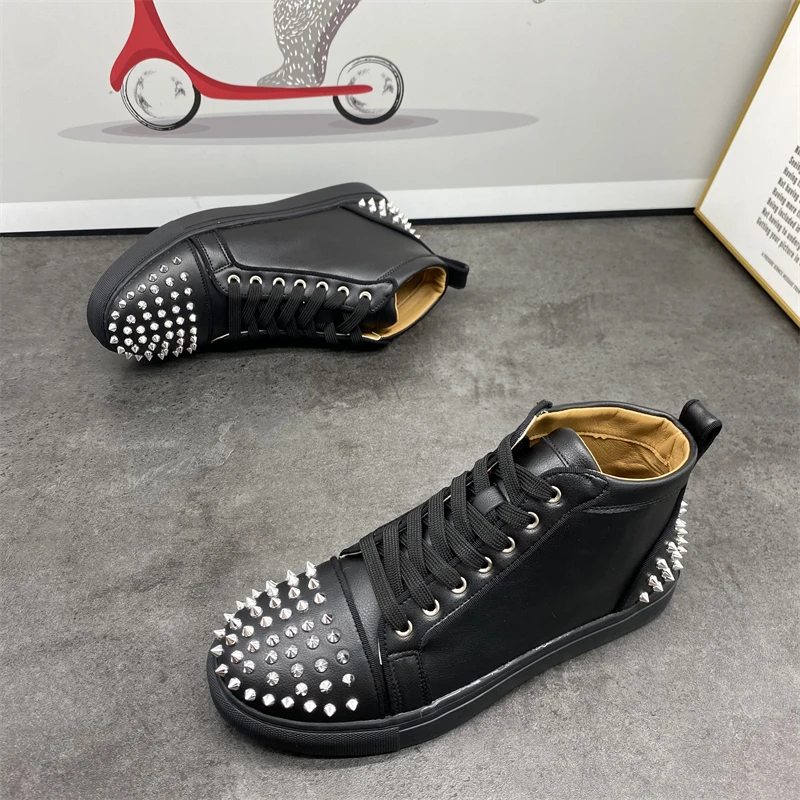 mens casual original leather boots lace-up flats rivets shoes singer stage DJ dress studded sneakers designer spikes ankle botas