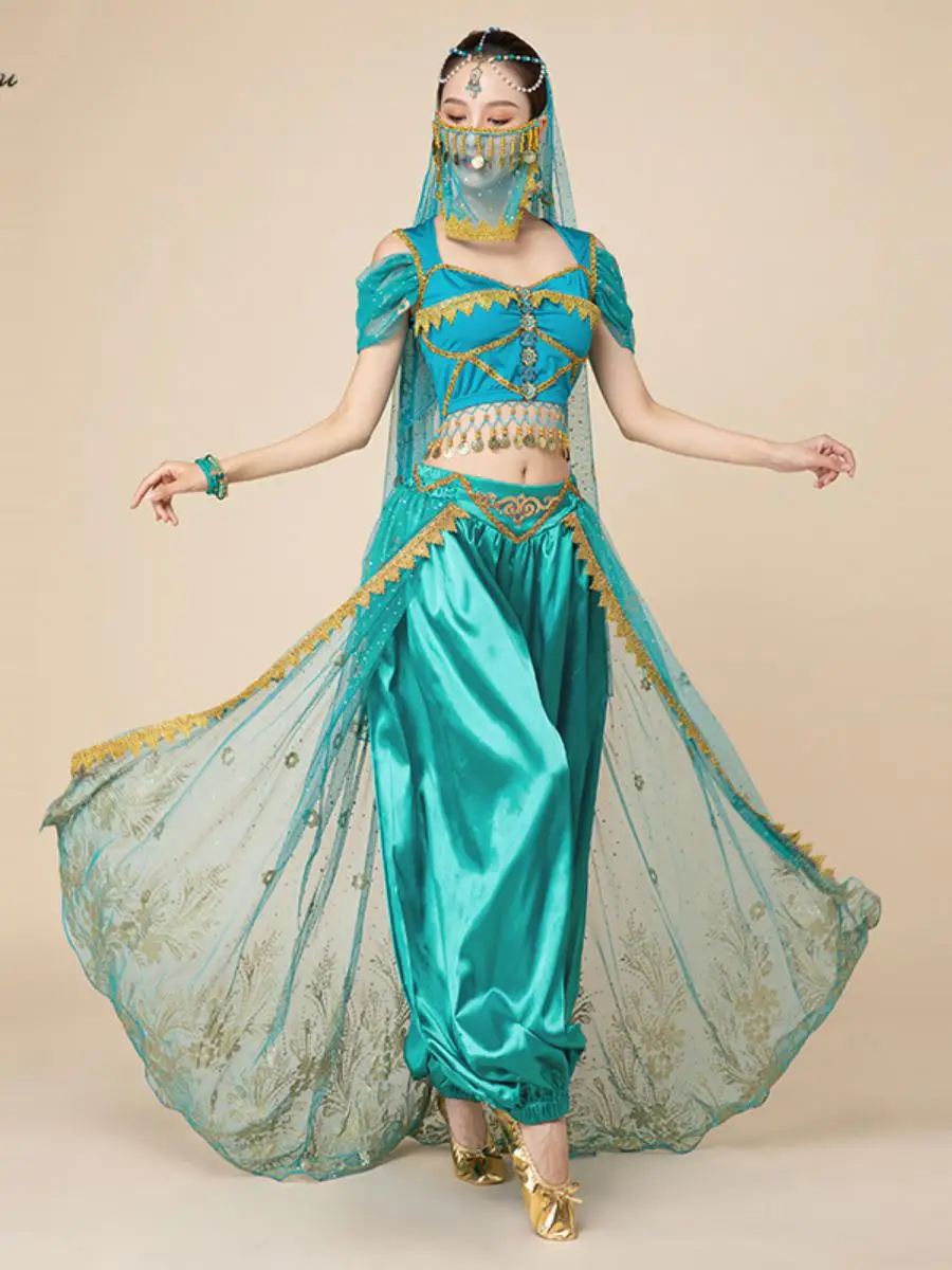 

Костюм для танца живота Aladdin Jasmine Princ, женский комплект для выступлений в западном азиатском стиле для девочек, сценический наряд на Хэллоуин Faiona...