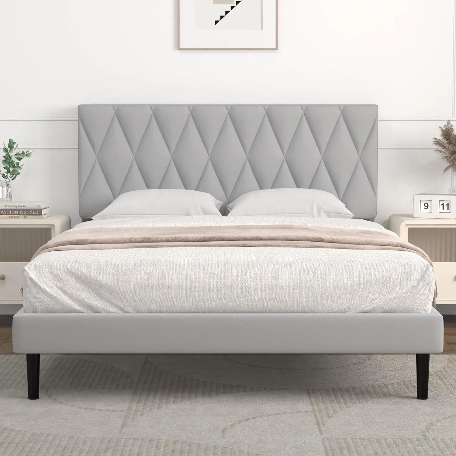 Queen Bed Frame Upholstered Platform with Headboard and Strong Wooden Slats, Strong Weight Capacity, Non-Slip and Noise-Free,No