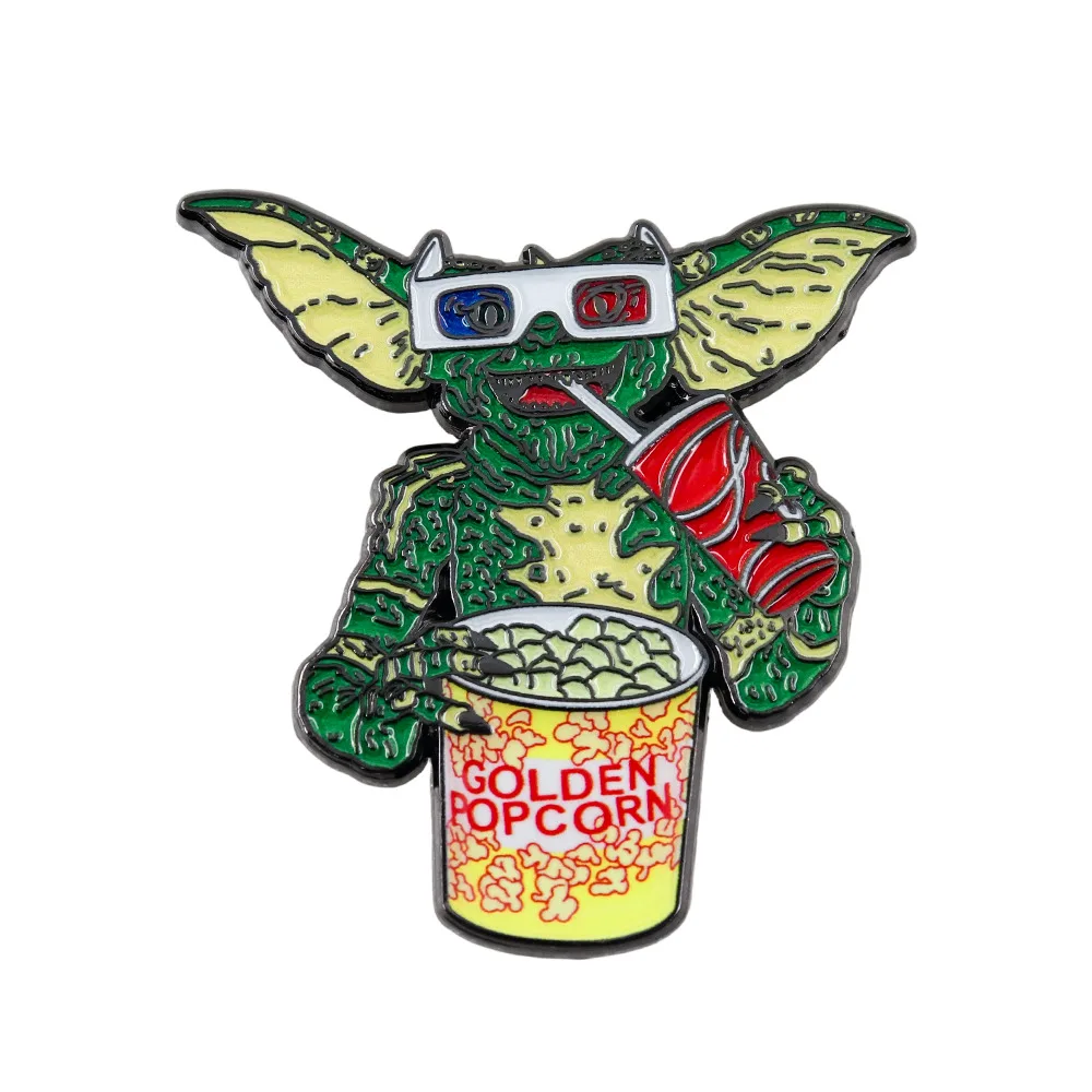 Película de palomitas de maíz doradas, gafas 3D, broche esmaltado, decoración de terror de los años 80, Pin de solapa, regalo para seguidores nostálgicos, accesorios de insignia de recuerdo de película