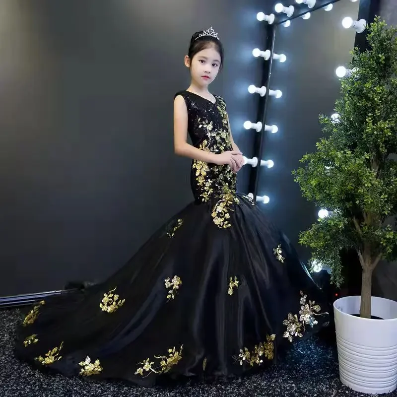 Trompete Baby Mädchen Kleid schwarz appliziert Blumen mädchen Kleider niedlichen Prinzessin Kleid Mädchen Hochzeits feier Kleid Kind Kinder Kleider