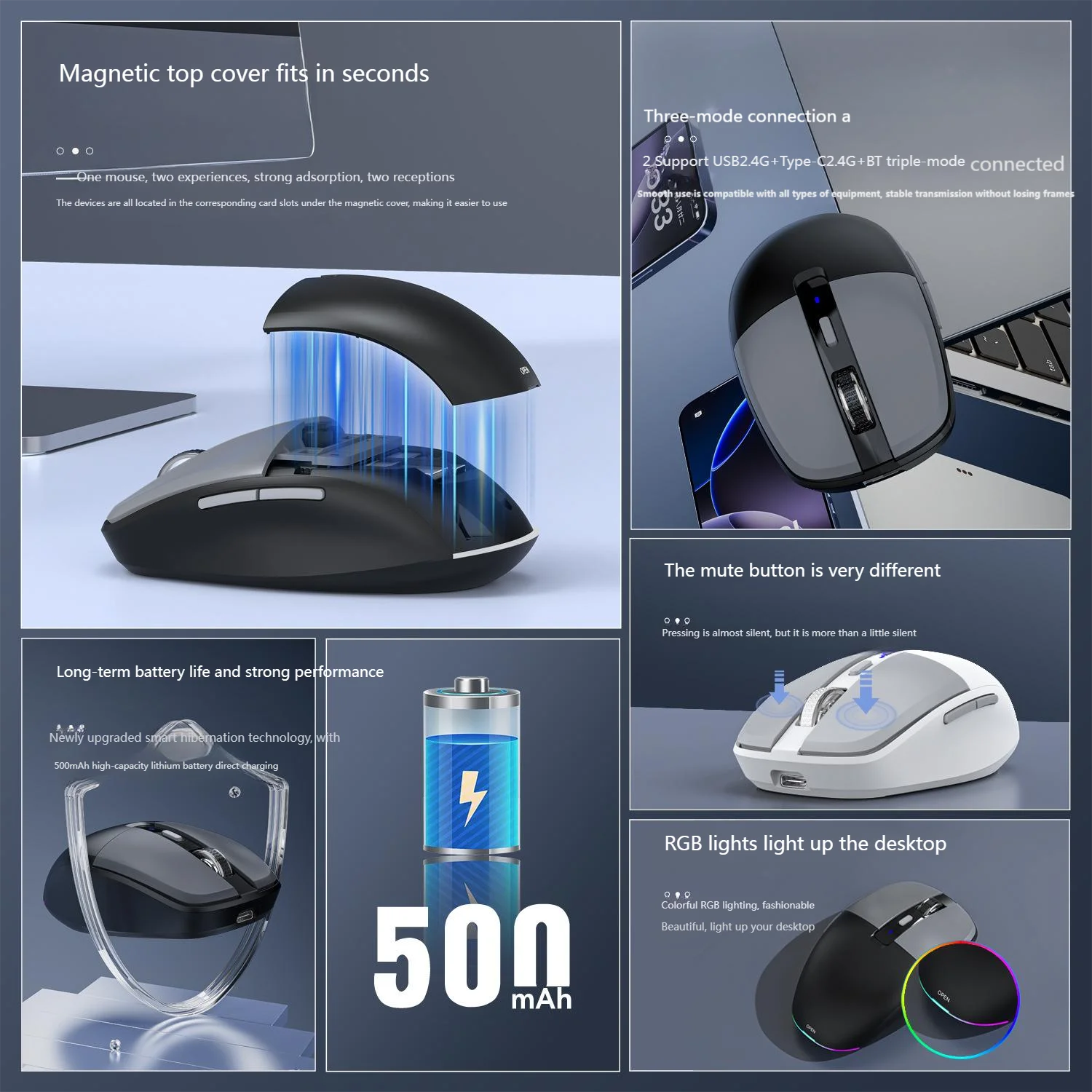Tri-Mode Wireless Mouse with USB&Type-C Dual Receiver 2.4G Bluetooth Rechargeable Silent Click RGB For Office Gaming PC Laptop