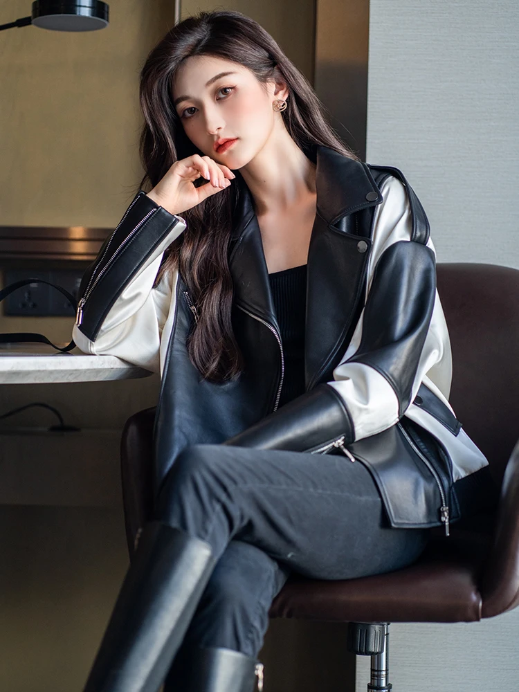 ผู้หญิงฤดูหนาว Sheepskin Coat สีเขียวสีดําสีขาว Splicing เสื้อแจ็คเก็ตหนังฤดูใบไม้ร่วงหลวมหัวรถจักรผู้หญิงเสื้อแจ็คเก็ต