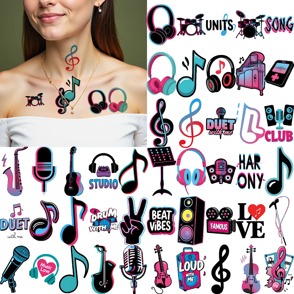 63pcs Waterproof Temporary Tattoo Sticker Concert Theme Guitar Microphone Body Art Arm Fake Tattoos Disposable Tattoos Stickers