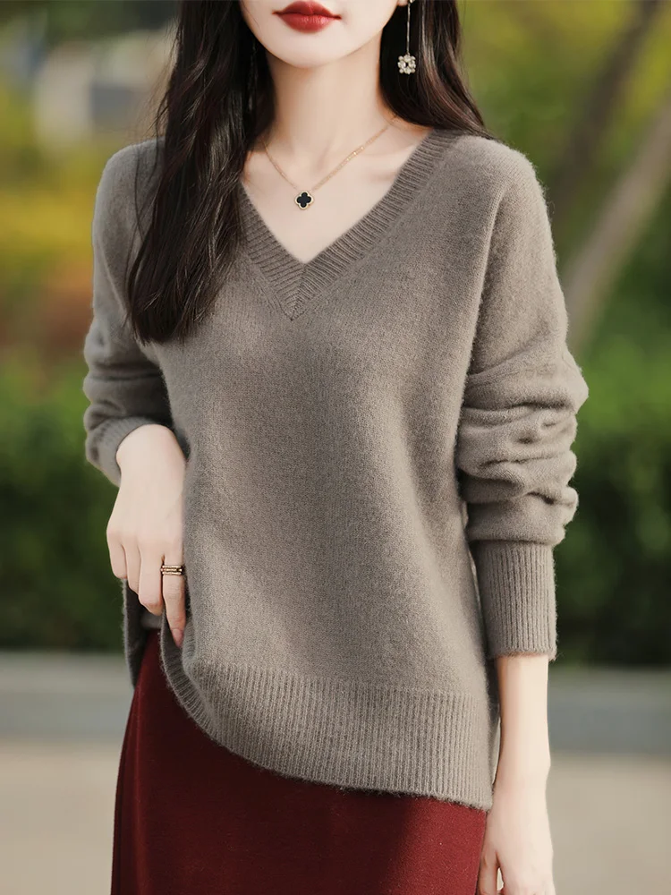

Choice Women Autumn Winter Sweater V-Neck Long Sleeve Pullover 100% Merino Wool Solid Color Knitwear Female Clothing Grace Tops