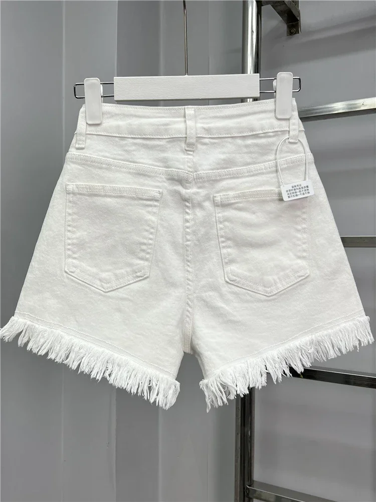 White Short Jeans for Women 2024 New Summer Diamonds Beading High Waist Wide Leg Pants Embroidery Tassel A-line Denim Shorts