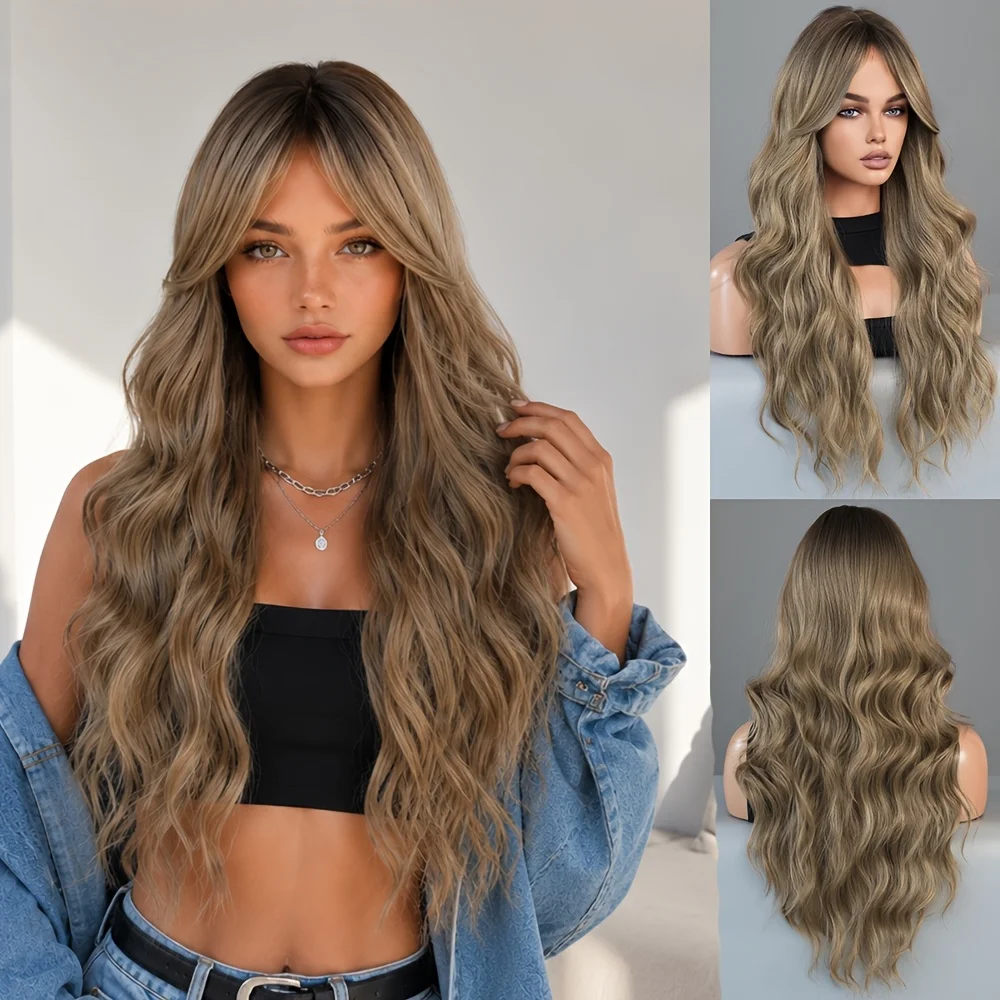 Women's 26-inch long large wavy wig with curtained bangs and mid-point design - glue-free heat-resistant synthetic hair, cosplay