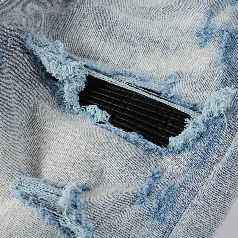 

Y2KFashionablemen's jeans, washed, nostalgic, elastic, slim fit, perforated patch, light blue jeans, high street hip-hop brand