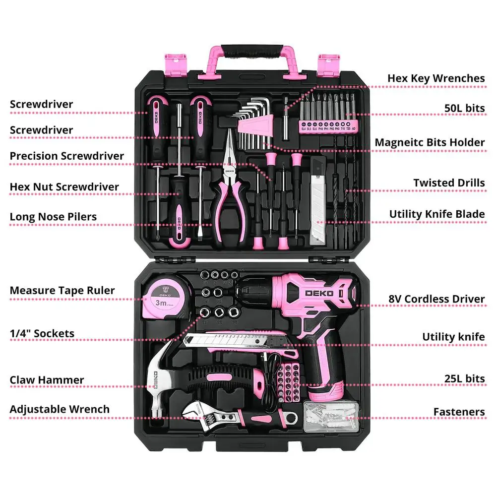 Cordless Drill Set 8V Pink Alloy Steel Home Tool Kit 126 Piece Women Hand Tool Kits Drill Combo Kit Mini Drill Set Led Light