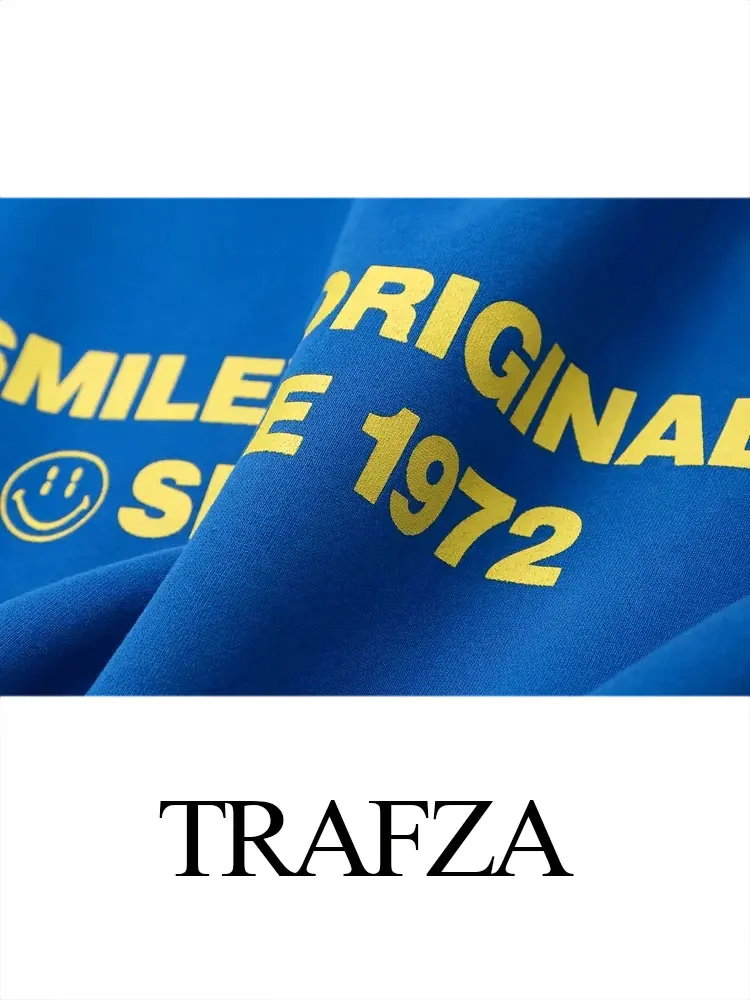 TRAFZA Spring Women\'s Blue Crew Neck Letter Printed Pullover Streetwear Fashion Women\'s Retro Loose Long Sleeve Sports Pullover