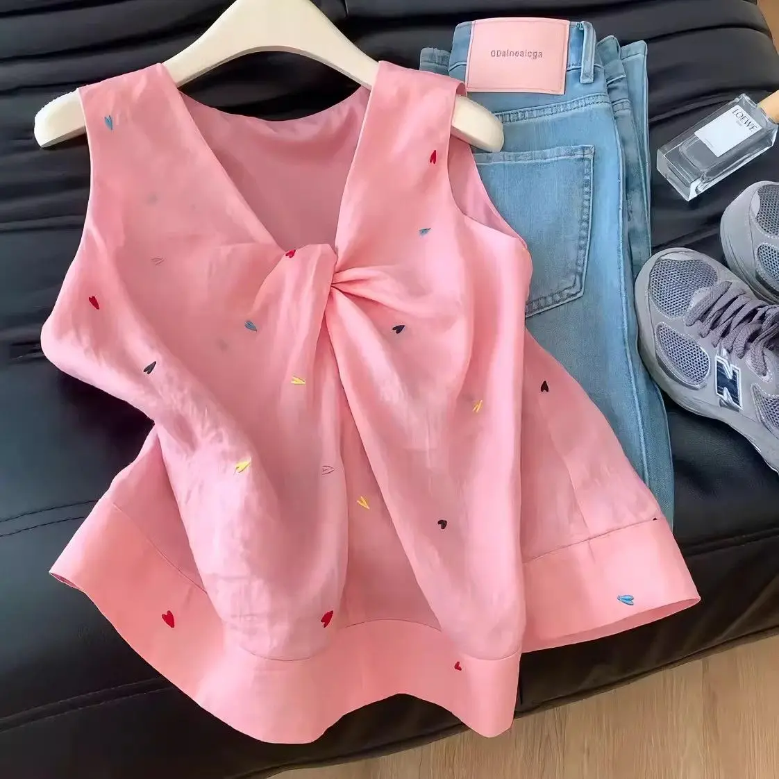 Top corto rosa con cuello en V y lunares, ropa de mujer, ropa Y2k, camisetas y blusas de verano, ropa de moda coreana