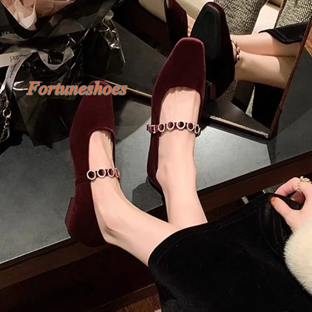 

Square Toe Shallow Chunky Low Heel Pumps One Word Belt Buckle Solid Crystal Shoes 2025 Newest Fashion Casual Spring/autumn Pumps