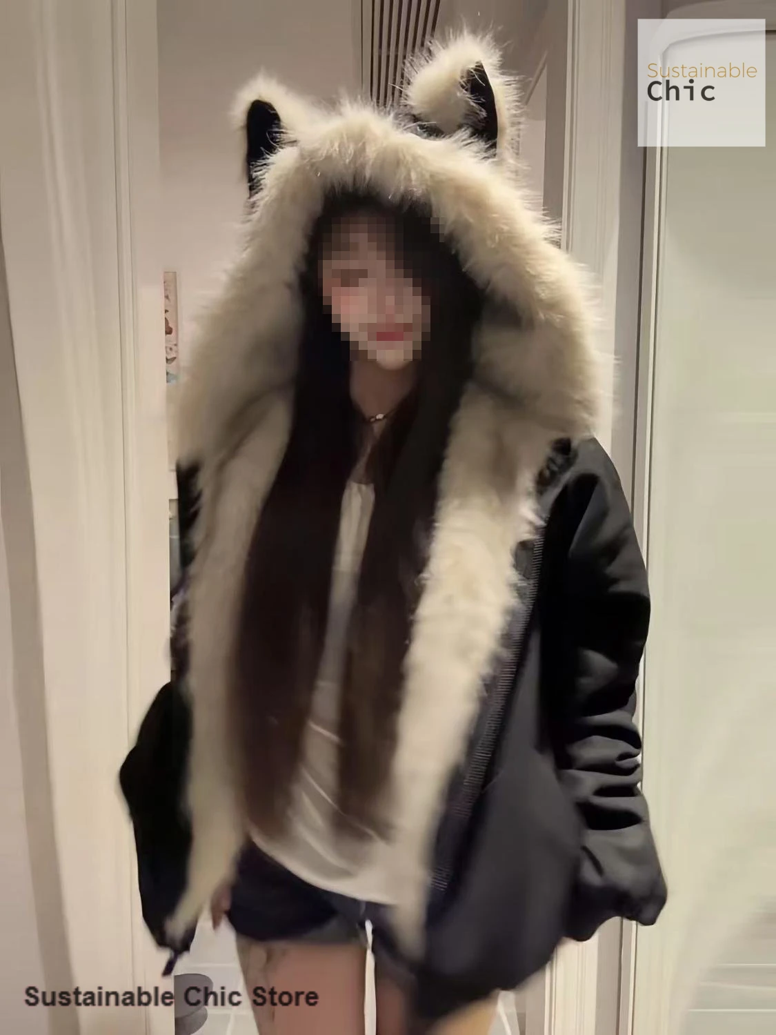 French black new fur collar clip cotton mountain carving cat ear coat women's autumn and winter new fashion padded cotton coat.