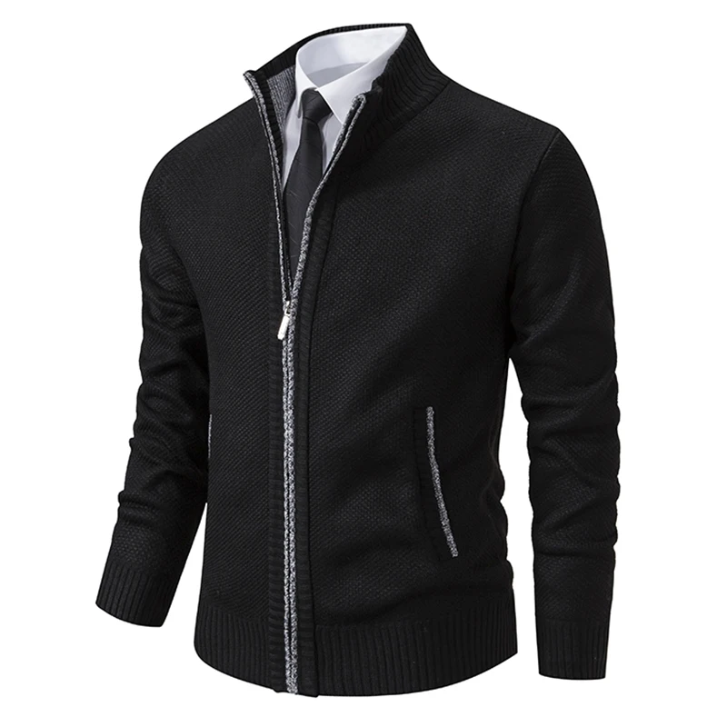 Autumn And Winter New Jersey Men\'s Casual Sports Coat Solid Color Stand Collar Wweater Grab Fleece Warm Zipper Cardigan