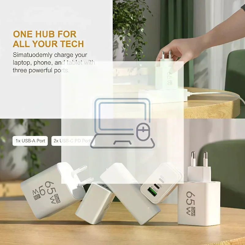 65W GaN Multi Device Charger EU Plug Dual USB C + USB A Port Fast Wall Charger Compact Design for Travel Commute Daily Use