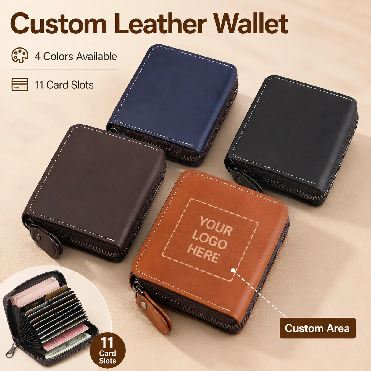 Custom Leather Wallet 11 Compartments Zipper Card Holder Personalized Name Logo Compact Credit Card Organizer