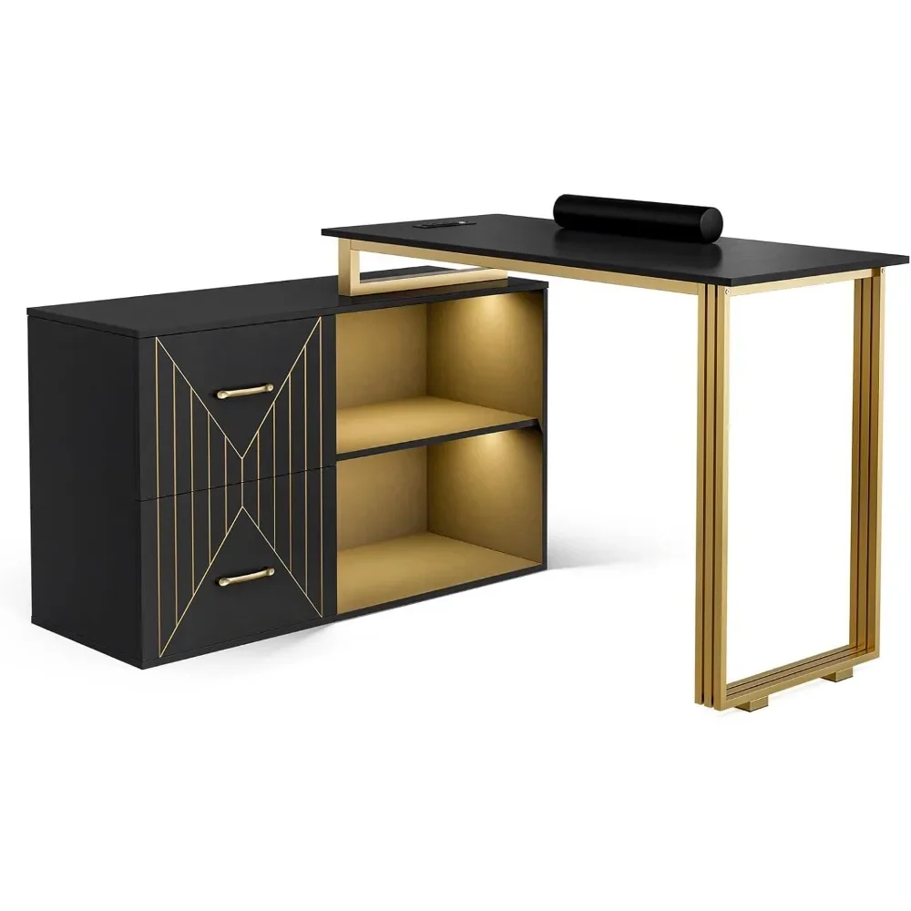 

Salon Manicure Nail Table – Corner Desk with 2 Drawers, 2 Shelves and Wrist Cushion | Ideal for Nail Supplies Storage