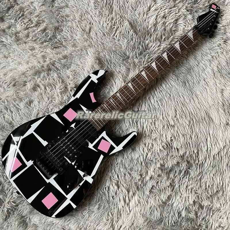 Custom Adrian Vandenberg Signature Pink White Squares Graphics Electric Guitar Floyd Rose Tremolo Bridge Black Hardware