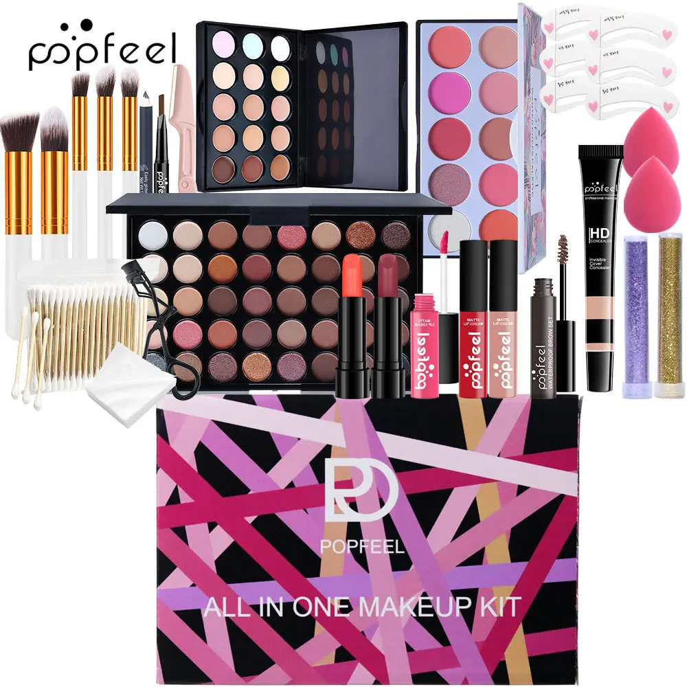 POPFEEL Cosmetics Set Combination Holiday Gift Pink Color Box Full Set Cosmetics Including Eyebrow Pencil Eyeliner Eye Shadow