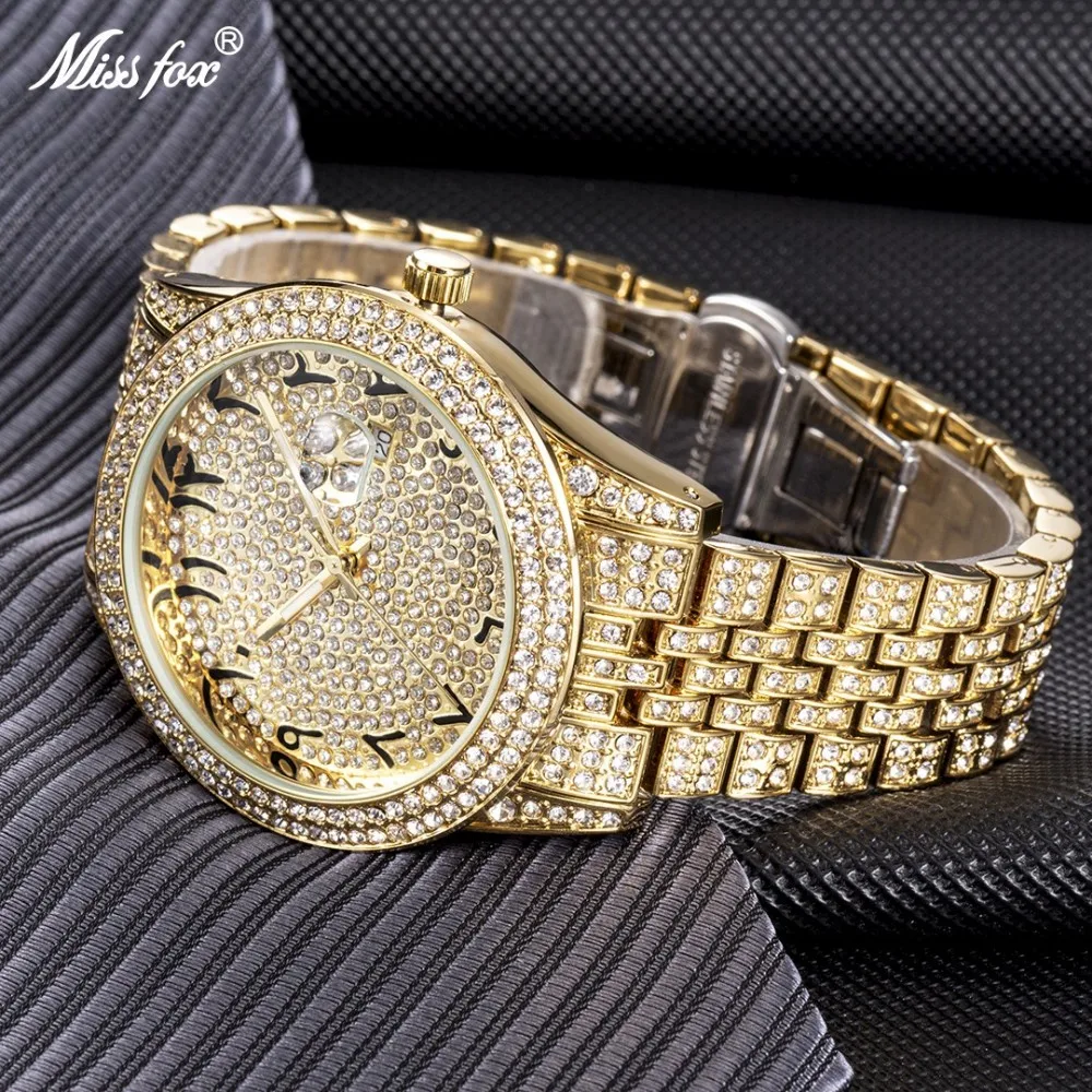 Quartz Watch With Diamond BlingBling Ice Out Calendar Watches For Women Men Waterproof Hand Clock Hip Hop Stylish Missfox Brand