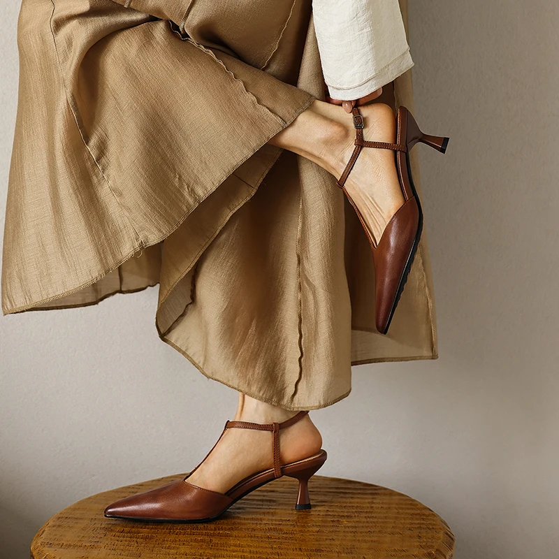 PYUXD Genuine Sheepskin T-Strap Slingback Pointed Toe Thin Med Heel Sandals 2026 Summer Waxed Leather Closed Toe Elegant Sandals