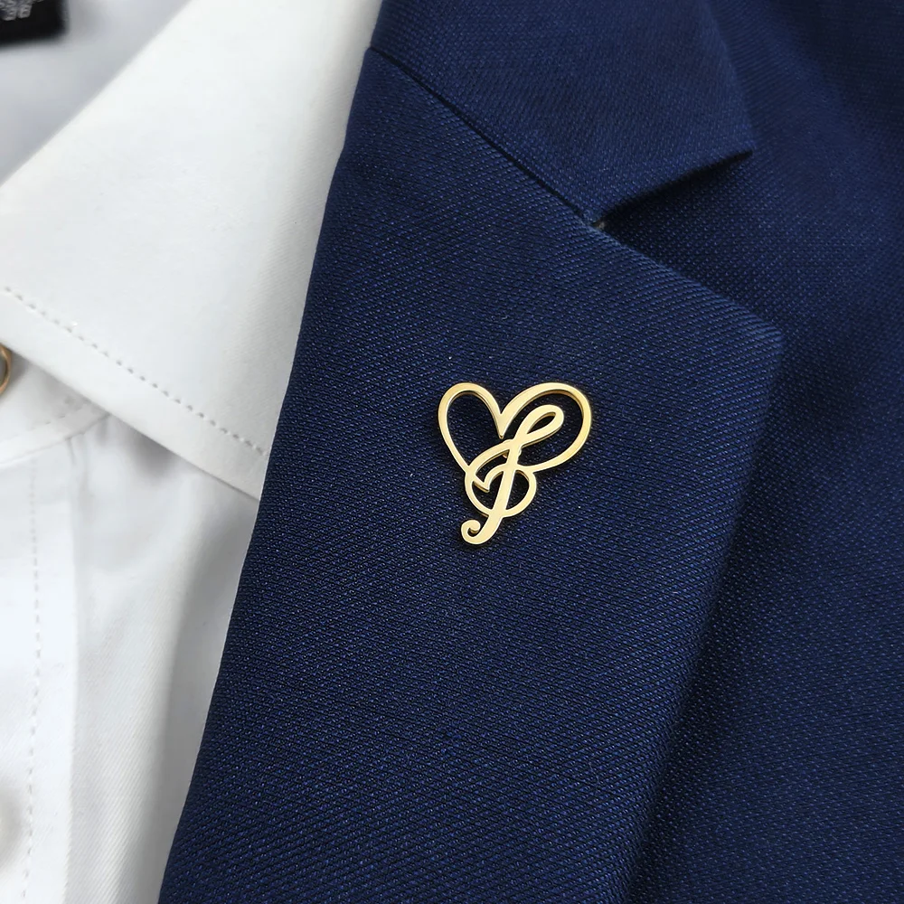Romantic 18K Gold-Dipped Stainless Steel Brooch | Heart-Infused Letter Design – stylish lapel pin, gift for friends