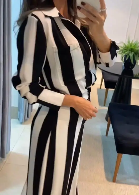 Elegant 2 Piece Set Women Outfit 2023 Autumn Long Sleeve Turn-Down Collar Striped Pocket Design Shirt & Wide Leg Work Pants Set