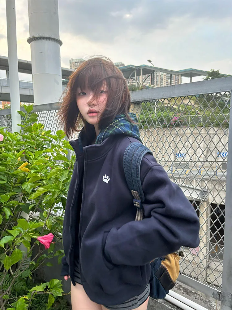 Moletom com capuz xadrez retrô coreano feminino outono inverno Thiened Fce casaco com zíper tamanho pequeno cardigã aberto Sle Long Sve Sweat...