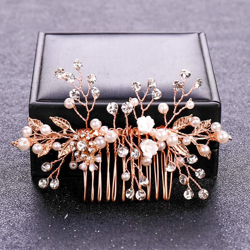 Rose Gold Color Crystal Pearl Flower Hair Comb Hairpin Headband For Women Bride Wedding Bridal Hair Accessories Jewelry Comb