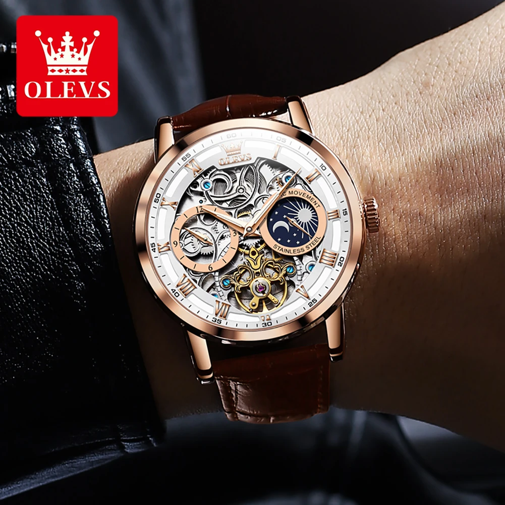 OLEVS 6670 Mechanical Fashion Watch Gift Genuine Leather Watchband Round-dial Moon Phase Month Display